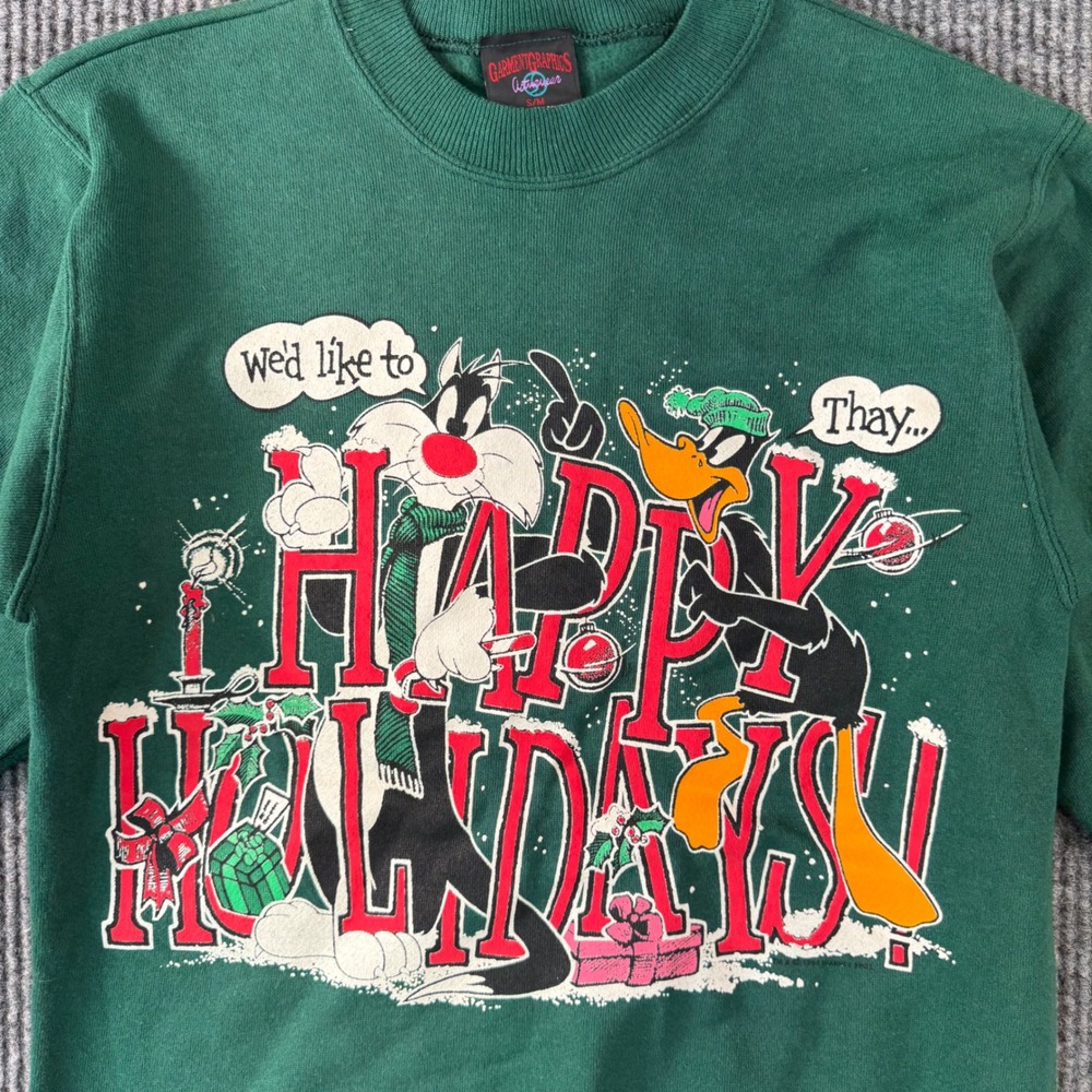 Vintage Looney Tunes Sweatshirt Green Holiday Sylvester‎ Daffy Tweety 90s USA L